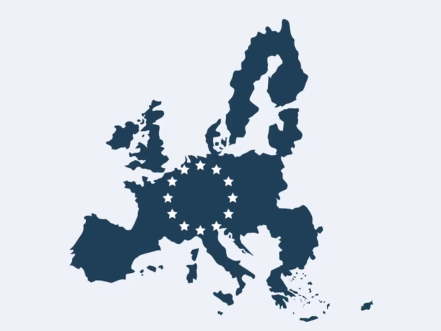 Karta över EU-länderna i mörkblått. EU loggan i mitten av kartan.